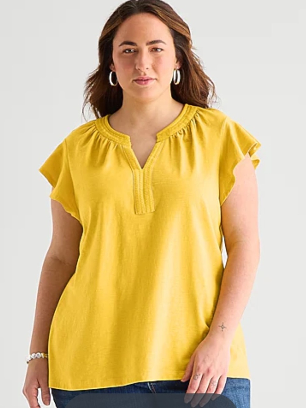 🐷 St. John's Bay Woman’s Mustard Gold Split Crew Neck Short Sleeve Top